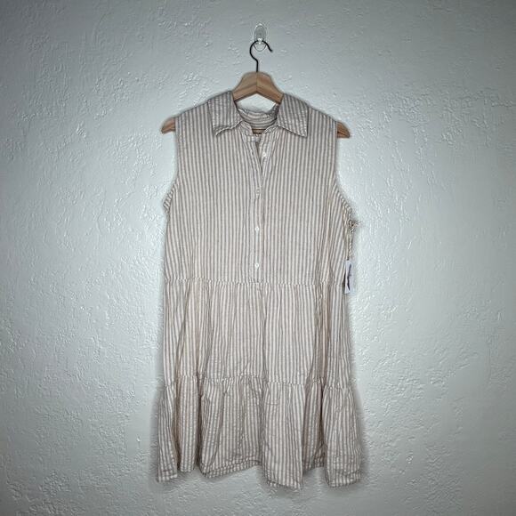 Jessica Simpson Women's Beige White Striped Linen Blend Tiered Dress Size Large - Picture 1 of 3